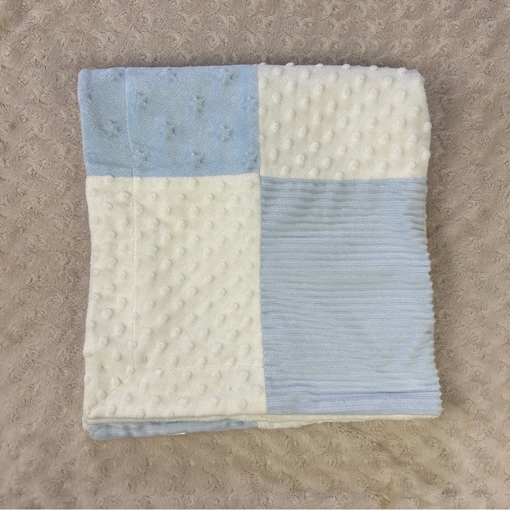 Kyle & Deena Patchwork Baby Blanket Blue White Stars Stripes Minky Dot Lovey